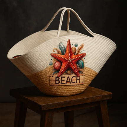 Deniz Yıldızı Desenli Hasır Plaj Çantası