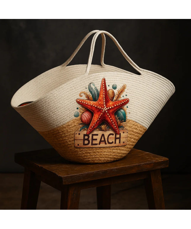 Deniz Yıldızı Desenli Hasır Plaj Çantası