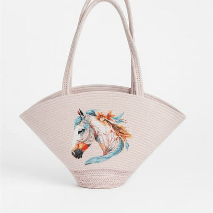 Pudra Rengi Özel Tasarım At Figürlü Hasır Plaj Çantası