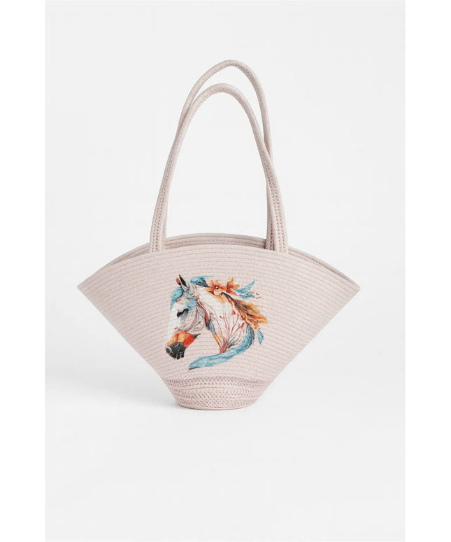 Pudra Rengi Özel Tasarım At Figürlü Hasır Plaj Çantası