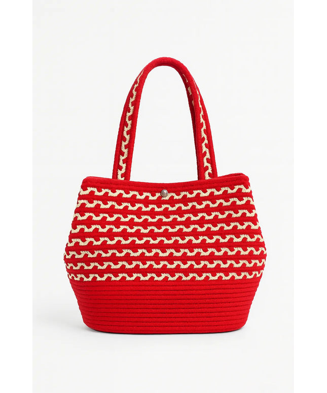 Kırmızı Beyaz Desenli Tres Omuz Çantası Tokalı Kapak Detaylı