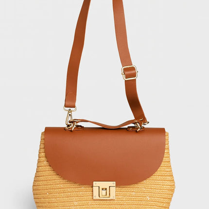 Deri Kapaklı Hasır Omuz Çantası