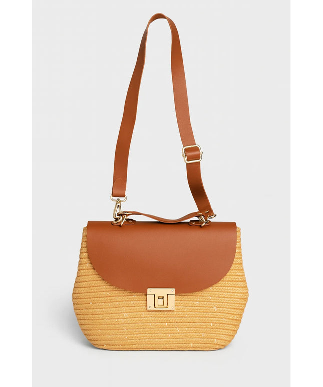 Deri Kapaklı Hasır Omuz Çantası