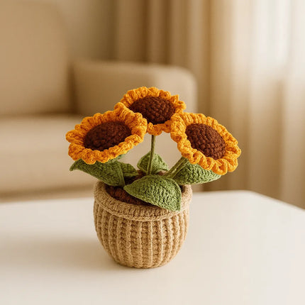 Tığ İşi Örgü Ayçiçek Saksısı Dekoratif El Yapımı Çiçek Aranjmanı