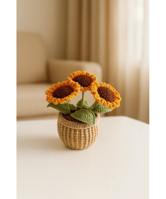 Tığ İşi Örgü Ayçiçek Saksısı Dekoratif El Yapımı Çiçek Aranjmanı