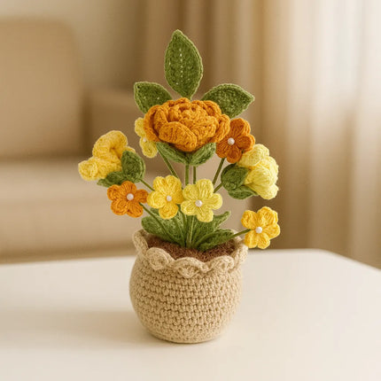 Sarı Tonlarında Örgü Çiçek Aranjmanı ve Saksı El Emeği