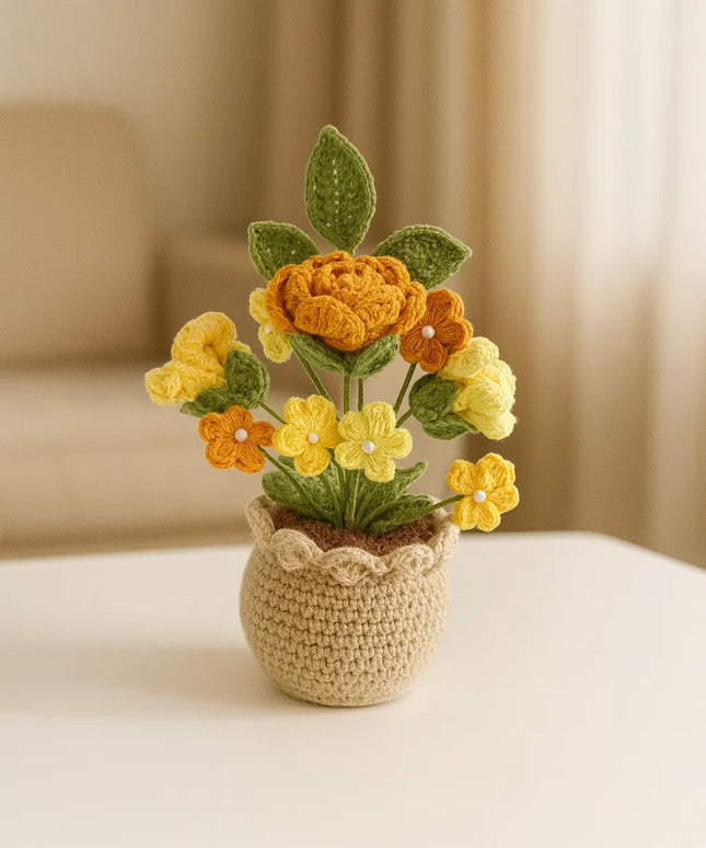 Sarı Tonlarında Örgü Çiçek Aranjmanı ve Saksı El Emeği
