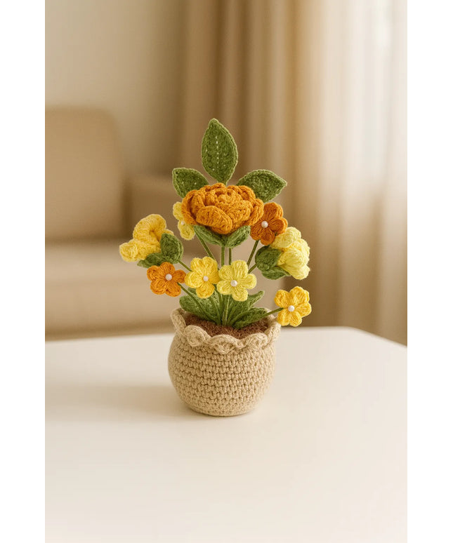 Sarı Tonlarında Örgü Çiçek Aranjmanı ve Saksı El Emeği