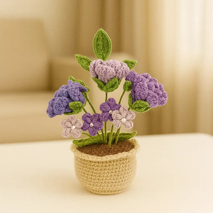 Örgü Mor Çiçekli Saksı Amigurumi El Emeği Dekoratif Hediyelik