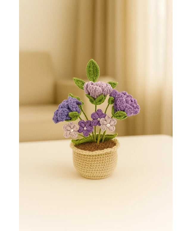 Örgü Mor Çiçekli Saksı Amigurumi El Emeği Dekoratif Hediyelik