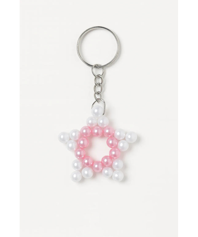 El Yapımı Boncuklu Yıldız Anahtarlık Pembe & Beyaz