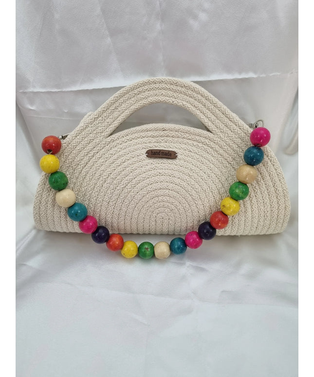 Renkli Boncuk Askılı El Yapımı Örgü Çanta