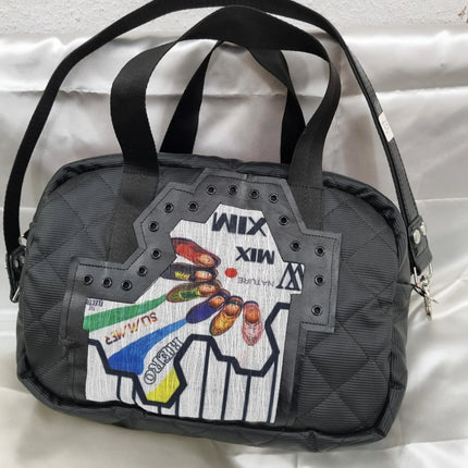 Siyah Kapitone Desenli Renkli Baskılı Omuz Çantası