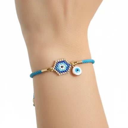 Turkuaz İpli Miyuki Boncuklu Nazar Boncuğu Bileklik El Yapımı