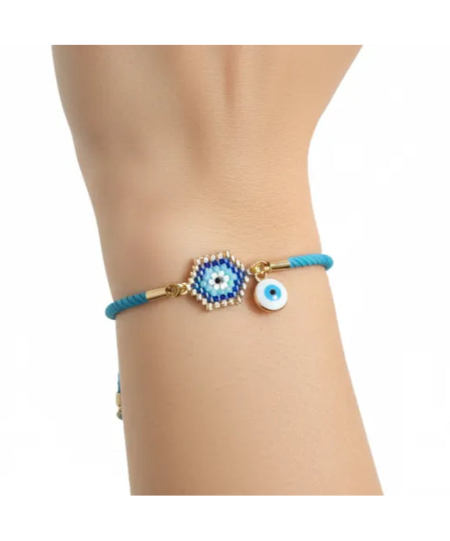 Turkuaz İpli Miyuki Boncuklu Nazar Boncuğu Bileklik El Yapımı