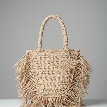 Doğal Renk Saçaklı Hasır Omuz Çantası Rafya İple Örülmüş Astar ve Cepli El Yapımı Model