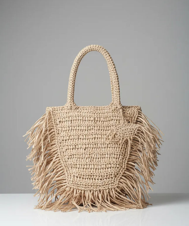 Doğal Renk Saçaklı Hasır Omuz Çantası Rafya İple Örülmüş Astar ve Cepli El Yapımı Model