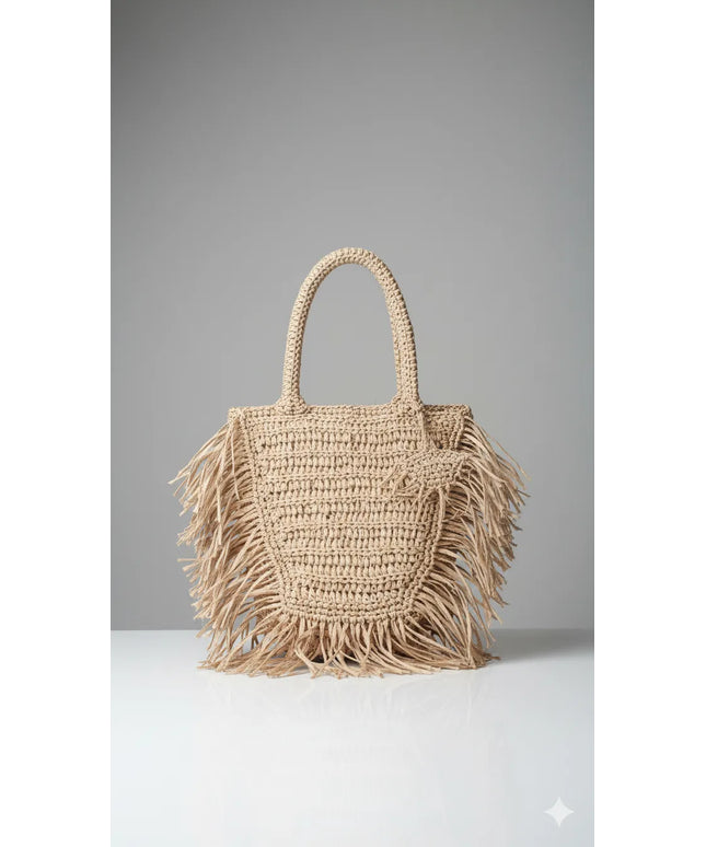 Doğal Renk Saçaklı Hasır Omuz Çantası Rafya İple Örülmüş Astar ve Cepli El Yapımı Model