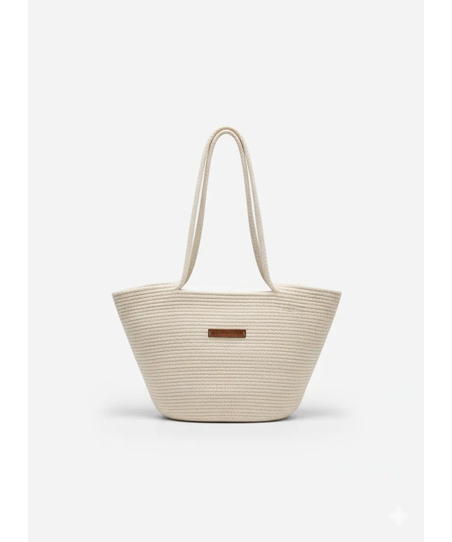 Bej Renk Hasır Görünümlü Tres Plaj Çantası Geniş Hacimli Yazlık Omuz Çantası