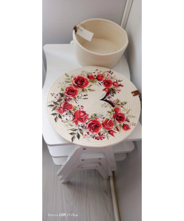 El Yapımı Gül Desenli Yuvarla Servis Takımı ve İp Sepet 6'lı Örgü Seti