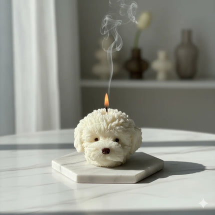Köpek Şekilli Dekoratif Mum Beyaz Peluş Görünümlü Tasarım
