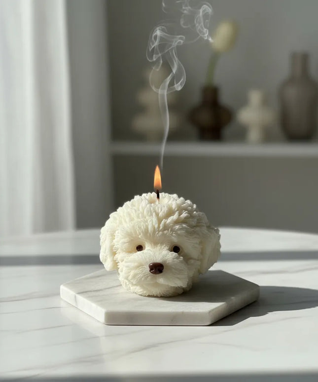 Köpek Şekilli Dekoratif Mum Beyaz Peluş Görünümlü Tasarım