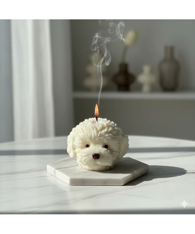 Köpek Şekilli Dekoratif Mum Beyaz Peluş Görünümlü Tasarım