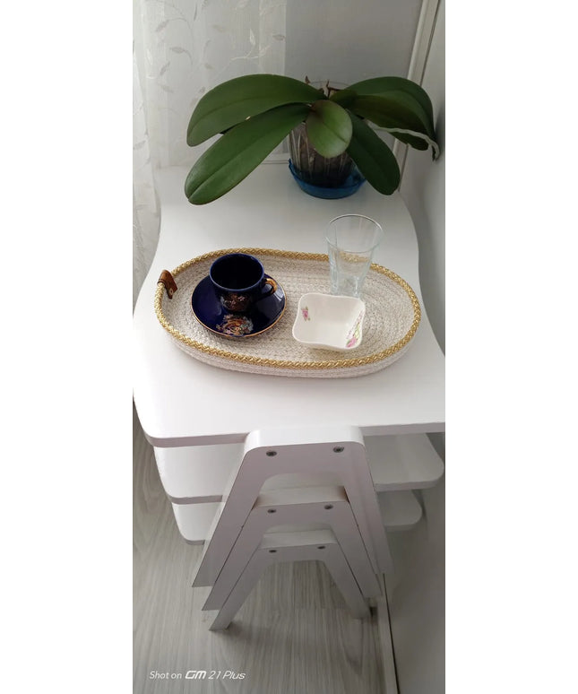 El Yapımı Kahve Sunum Tepsisi Örgü Dokulu Tepsi