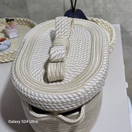 Kapaklı Oval Çok Amaçlı Organizer Sepet Vizon/Krem